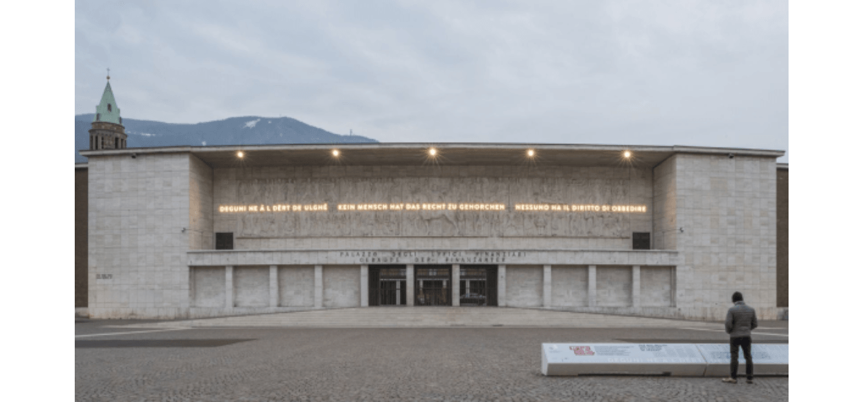 Michele Bernardi and Arnold Holzknecht, Untitled, 2017, LED lights, installation on Hans Piffrader, Il Trionfo del Fascismo, 1939–42, bas-relief, Palazzo delle Finanze, Bolzano (photograph by Laura Egger)