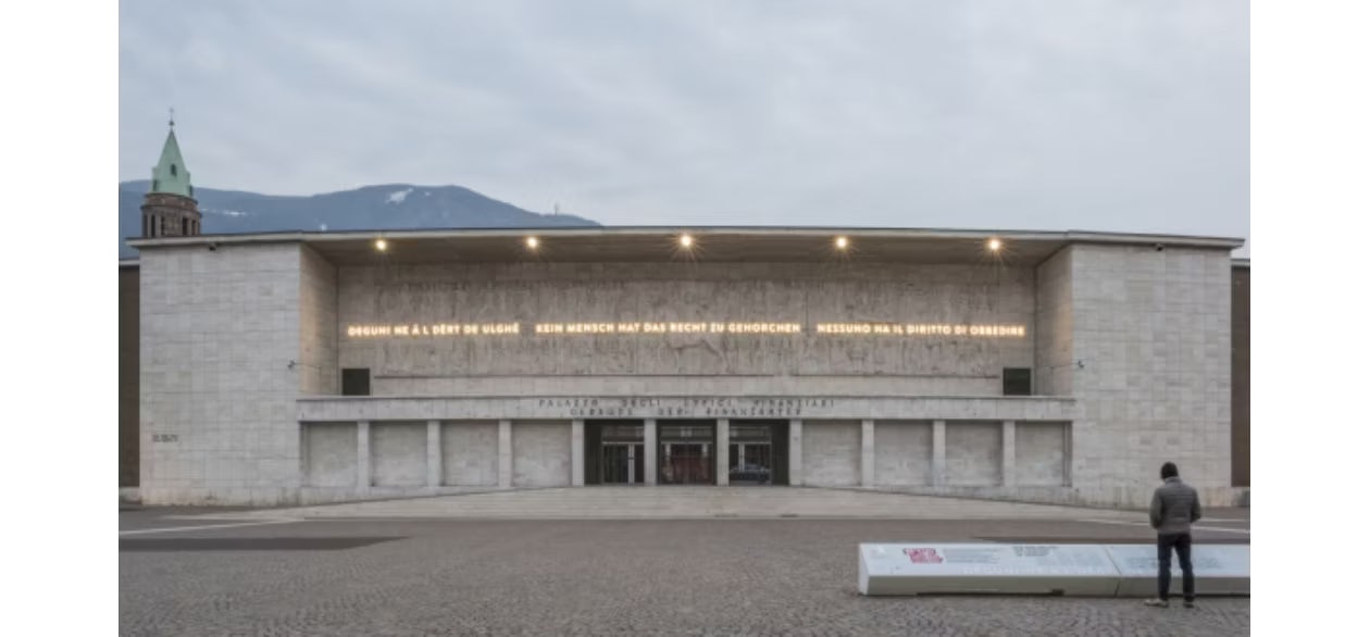 Michele Bernardi and Arnold Holzknecht, Untitled, 2017, LED lights, installation on Hans Piffrader, Il Trionfo del Fascismo, 1939–42, bas-relief, Palazzo delle Finanze, Bolzano (photograph by Laura Egger)